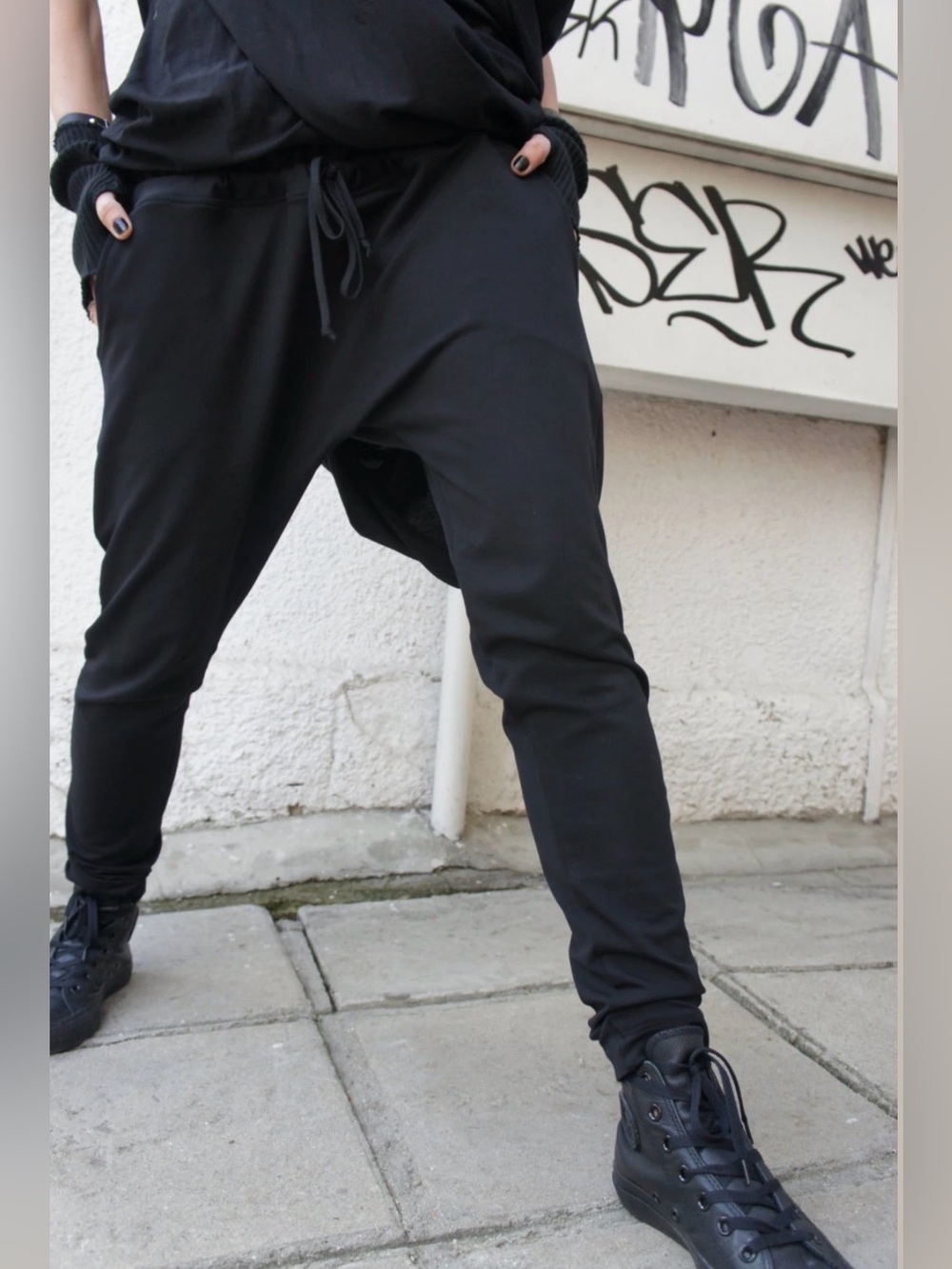Aakasha Black Drop Crotch Drawstring Pants XS Minimalist Avant Garde